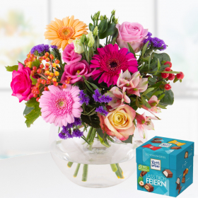 Blumenstrau&szlig; Kunterbunt + Schokow&uuml;rfel Lass dich feiern