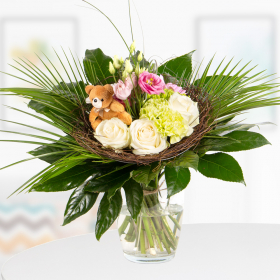 Blumenstrauß zur Geburt (Mädchen) mit Bären-Stecker